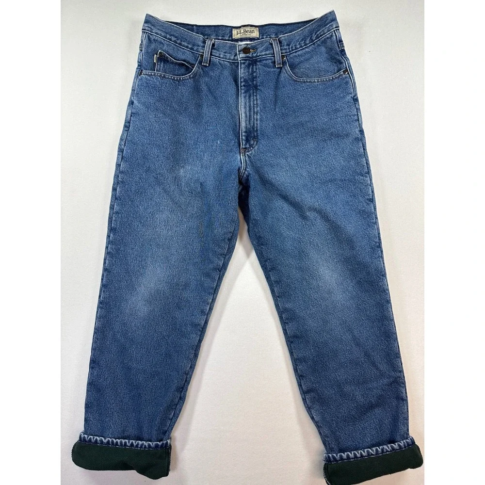 LL Bean Green Fleece Lined Jeans Mens 33x29 Blue‎ Classic Fit Denim Gorpcore